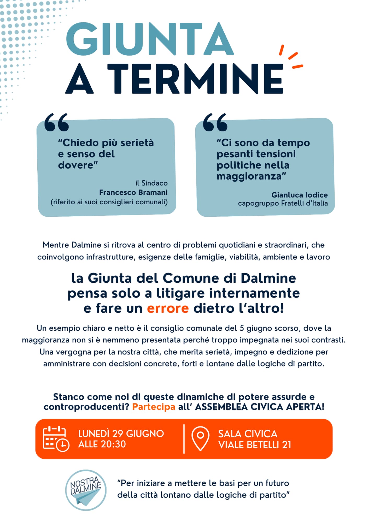 GIUNTA A TERMINE: Assemblea Civica il 29 Giugno